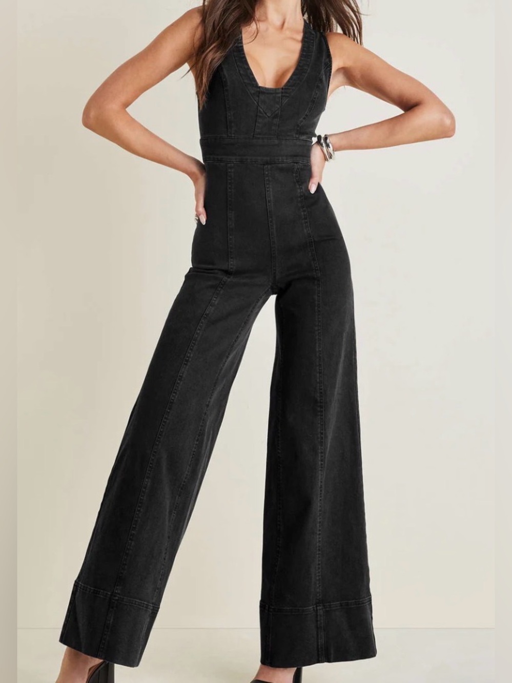 Venus Black Stretch Denim Jumpsuit, Wide Leg, Size 8 NWOT